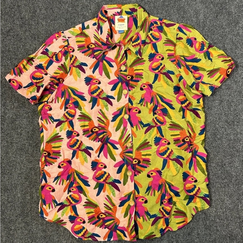 Farm For Anthropologie Button Down Top Shirt Birds Colorful Linen Size XL
